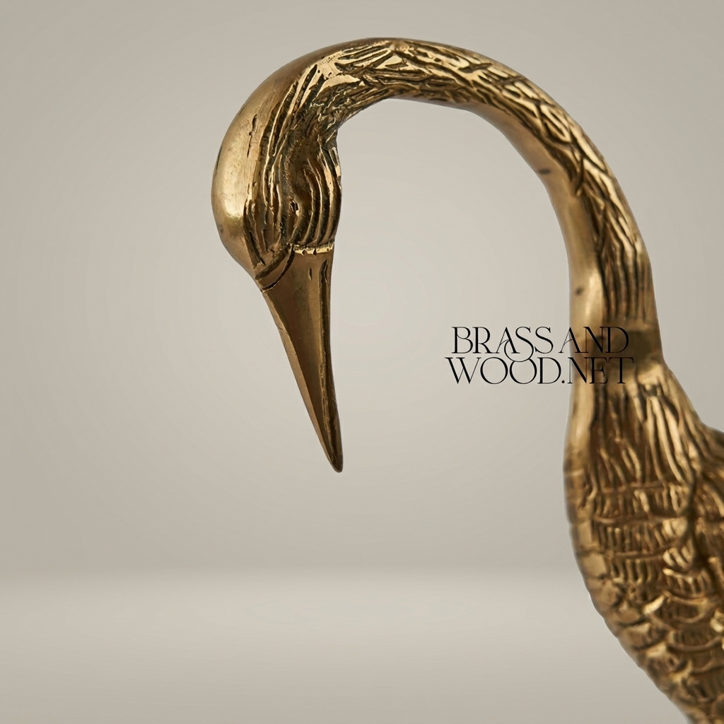 Handcrafted Brass Heron Sculpture - Tall Standing Bird Figurine with Engraved Plumage — Gold