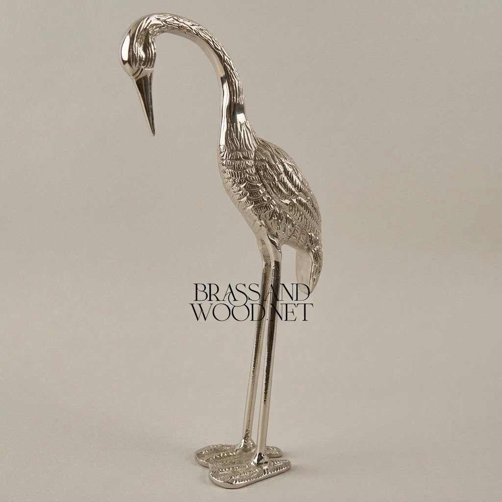 Handcrafted Brass Heron Sculpture - Tall Standing Bird Figurine with Engraved Plumage — Silver
