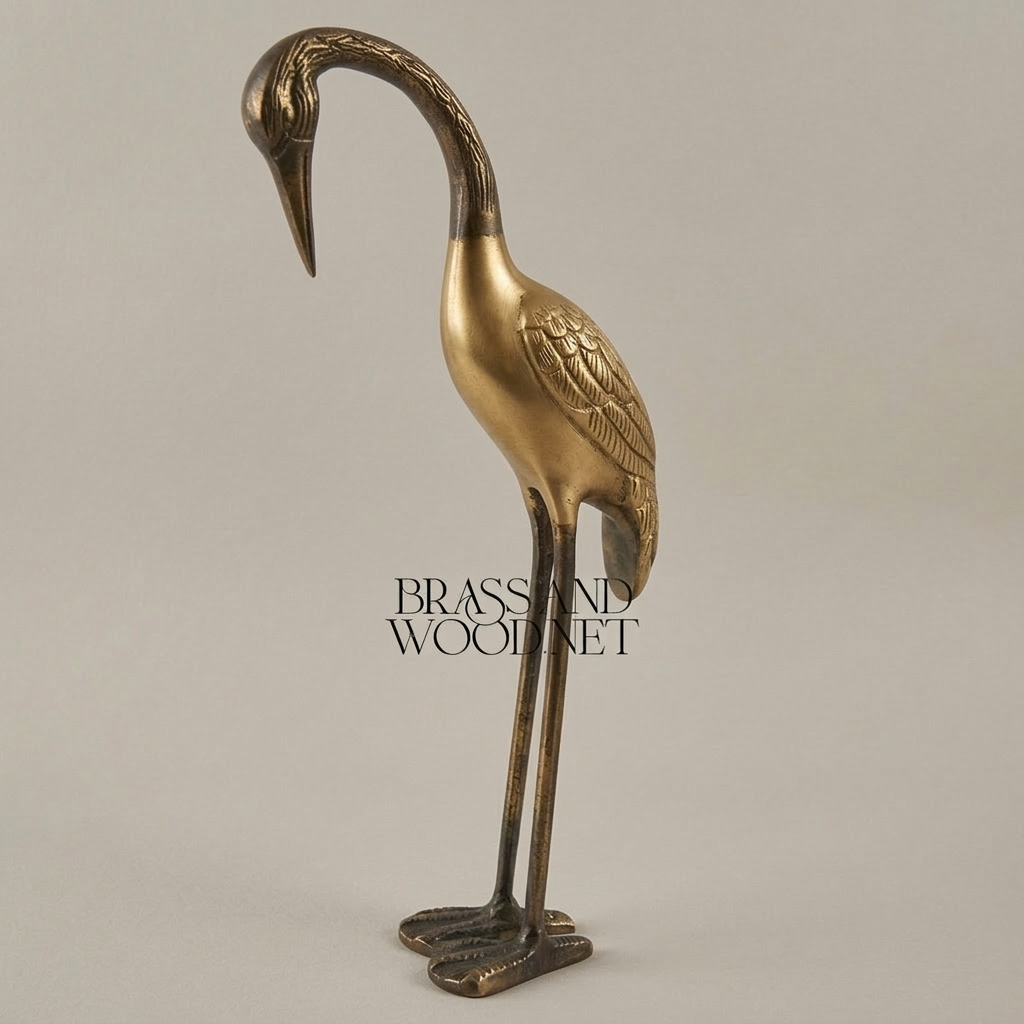 Handcrafted Brass Heron Sculpture - Tall Standing Bird Figurine with Engraved Plumage — Antique Gold