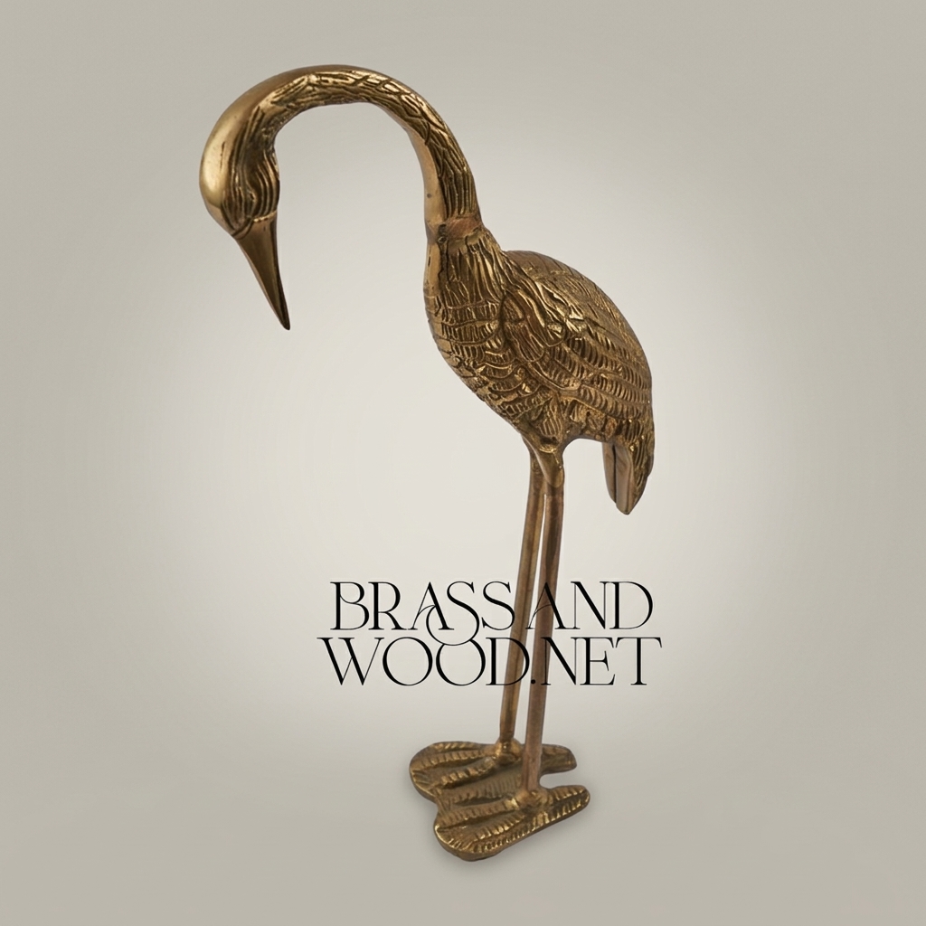 Handcrafted Brass Heron Sculpture - Tall Standing Bird Figurine with Engraved Plumage