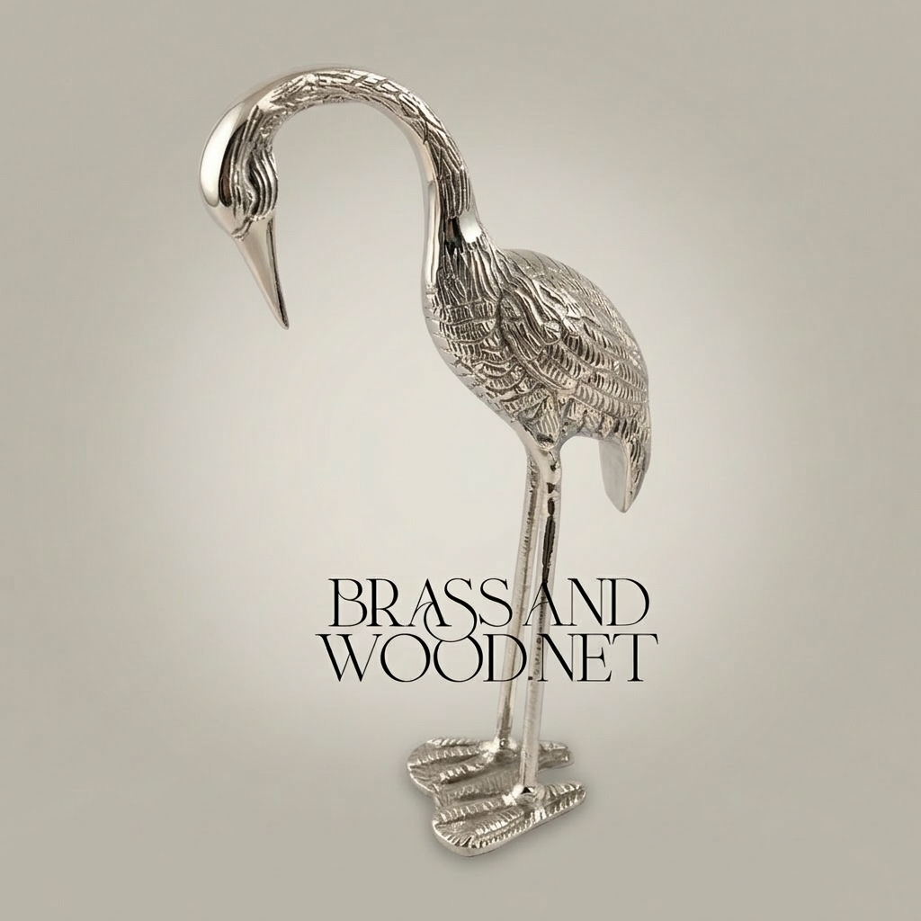 Handcrafted Brass Heron Sculpture - Tall Standing Bird Figurine with Engraved Plumage — Silver
