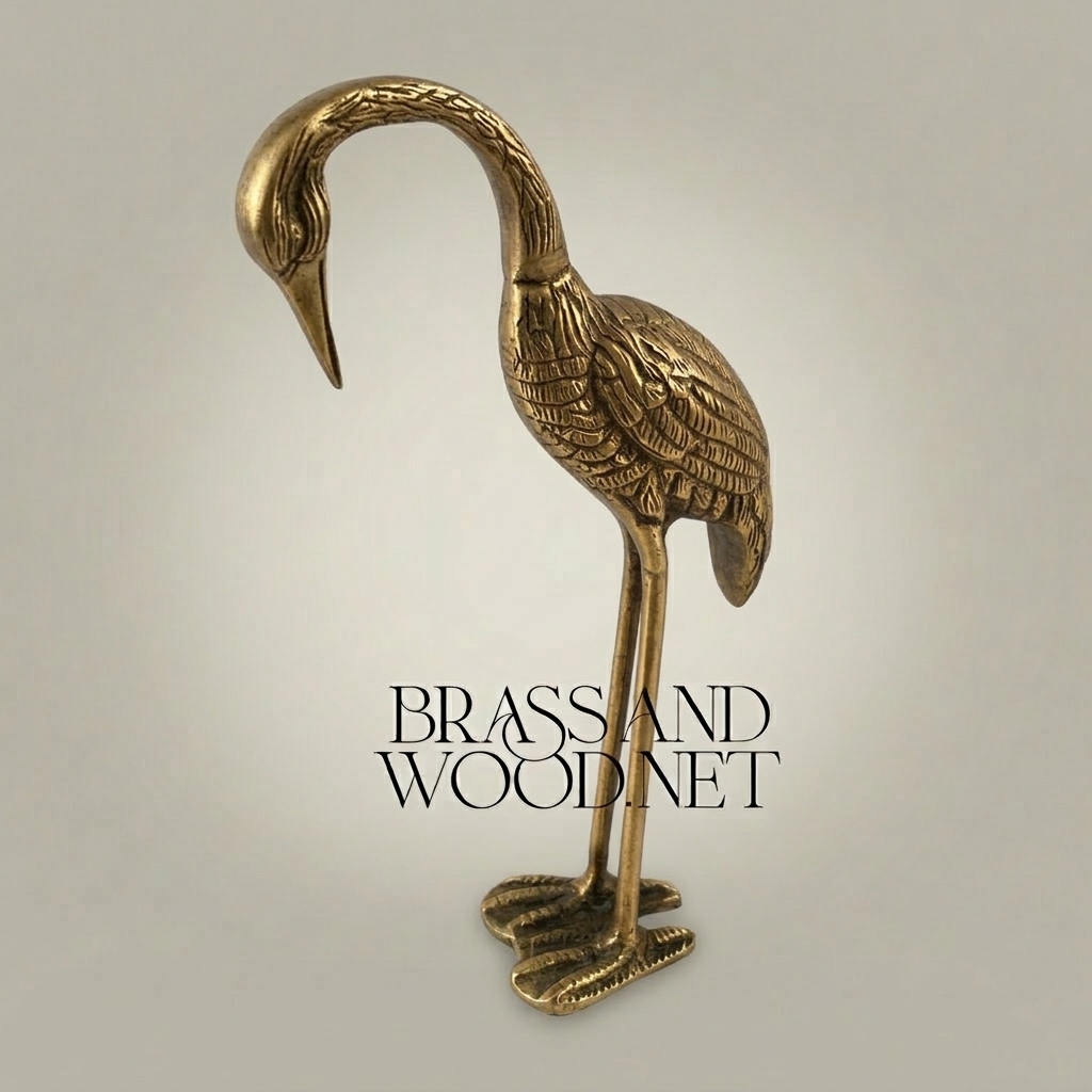 Handcrafted Brass Heron Sculpture - Tall Standing Bird Figurine with Engraved Plumage — Antique Gold