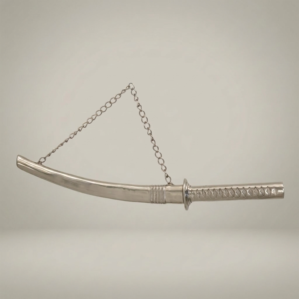 Handcrafted Brass Katana Sword Decorative Sculpture with Chain — Silver