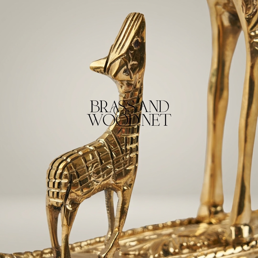 Handcrafted Brass Mother & Calf Giraffe Sculpture on Ornate Rococo Base
