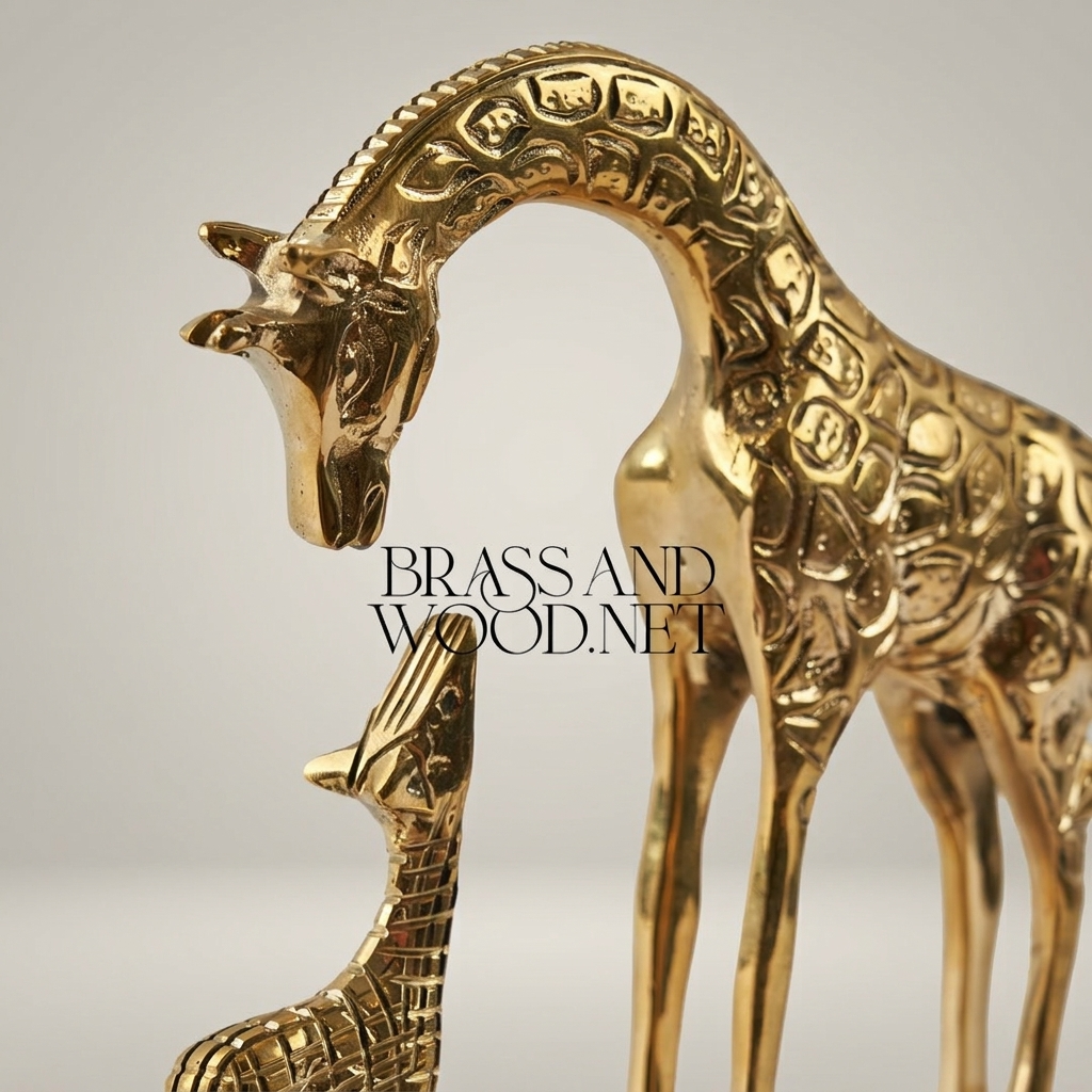 Handcrafted Brass Mother & Calf Giraffe Sculpture on Ornate Rococo Base