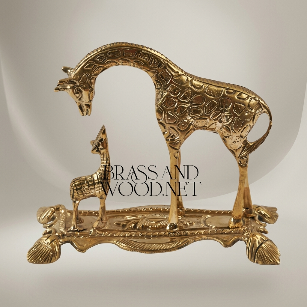 Handcrafted Brass Mother & Calf Giraffe Sculpture on Ornate Rococo Base