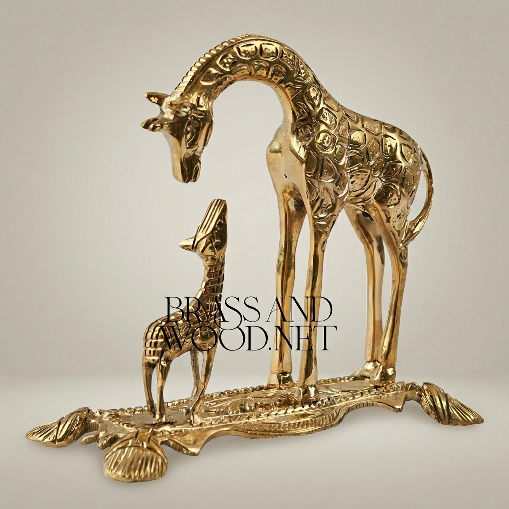 Handcrafted Brass Mother & Calf Giraffe Sculpture on Ornate Rococo Base