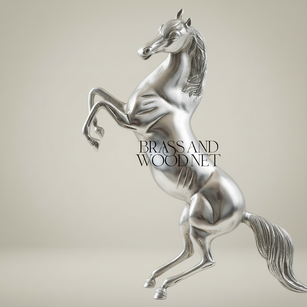 Handcrafted Brass Rearing Horse Sculpture - Polished Equestrian Figurine — Silver