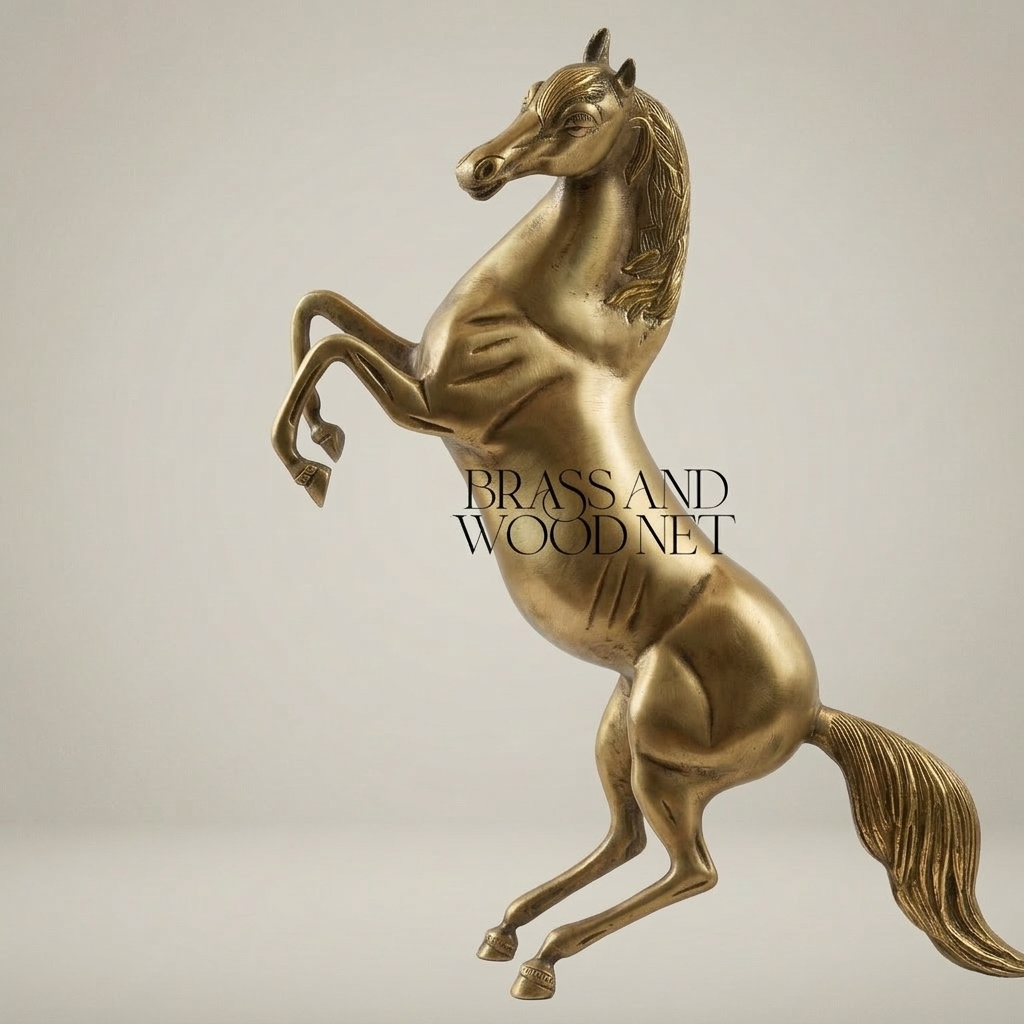 Handcrafted Brass Rearing Horse Sculpture - Polished Equestrian Figurine — Antique Gold