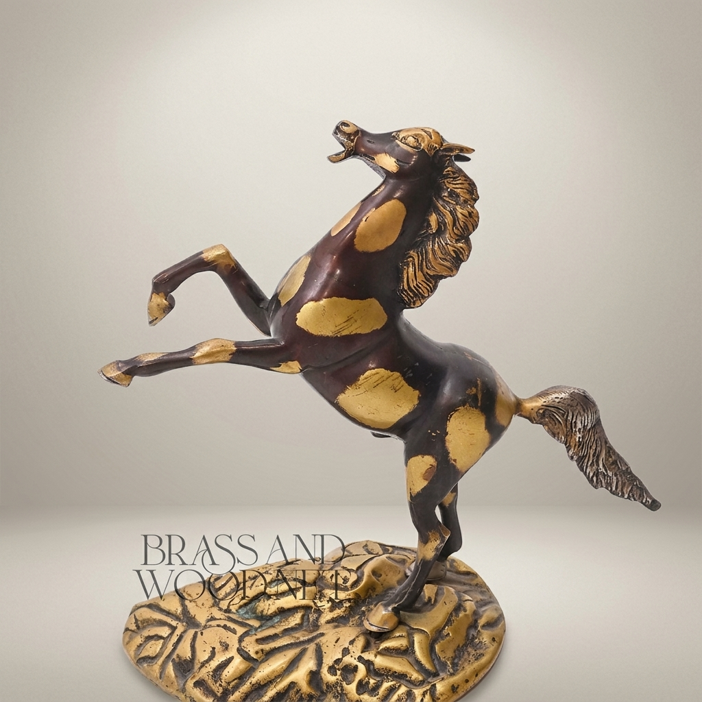 Handcrafted Brass Rearing Horse Sculpture on Ornate Floral Base