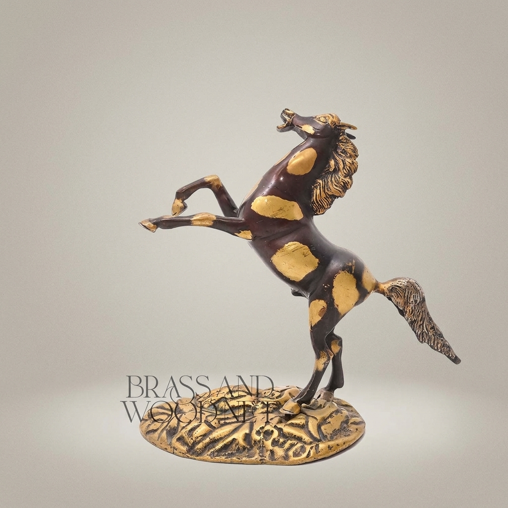 Handcrafted Brass Rearing Horse Sculpture on Ornate Floral Base — Gold