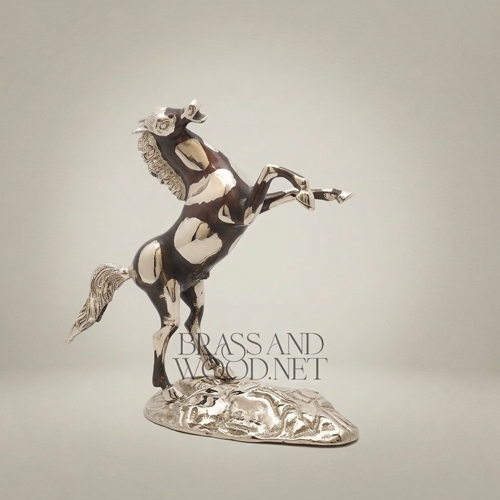 Handcrafted Brass Rearing Horse Sculpture on Ornate Floral Base — Silver