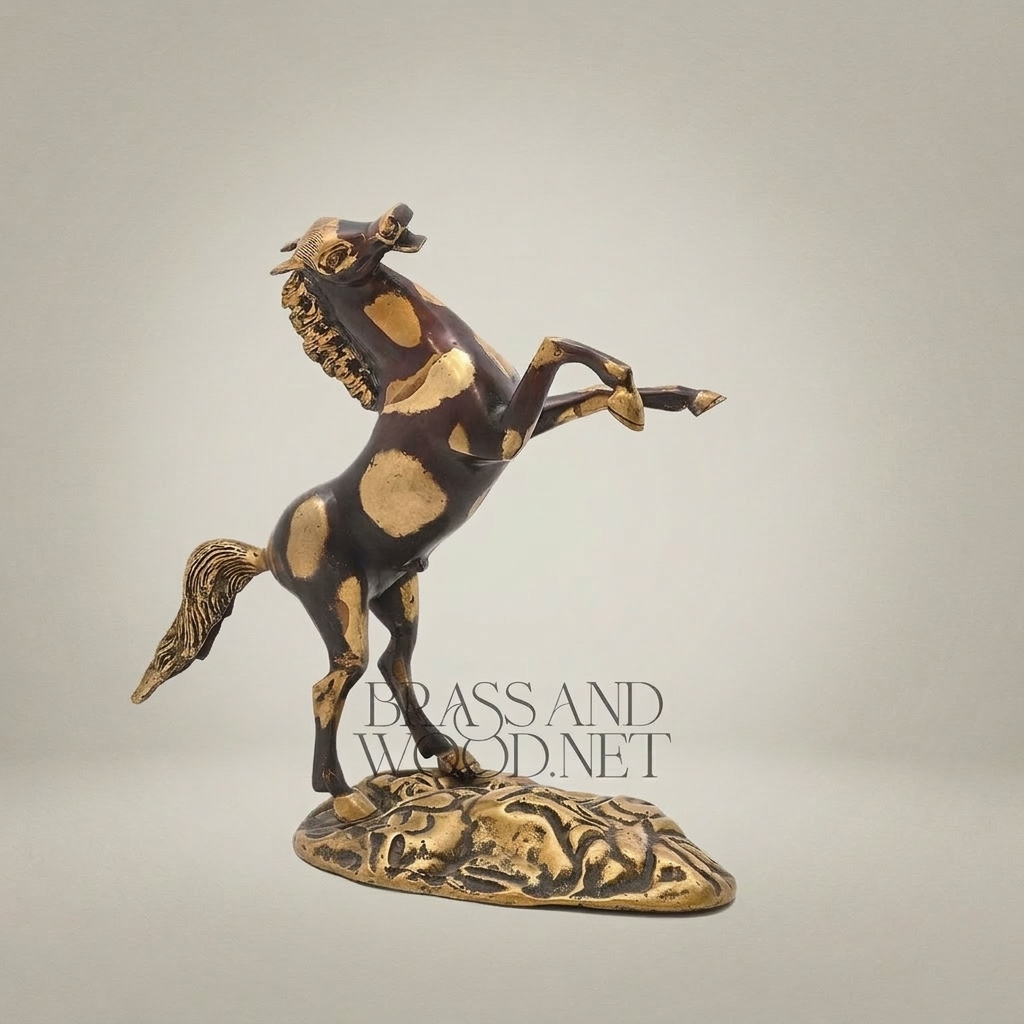 Handcrafted Brass Rearing Horse Sculpture on Ornate Floral Base - Antique Gold