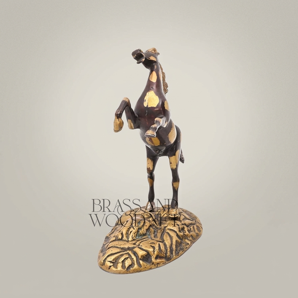 Handcrafted Brass Rearing Horse Sculpture on Ornate Floral Base — Gold