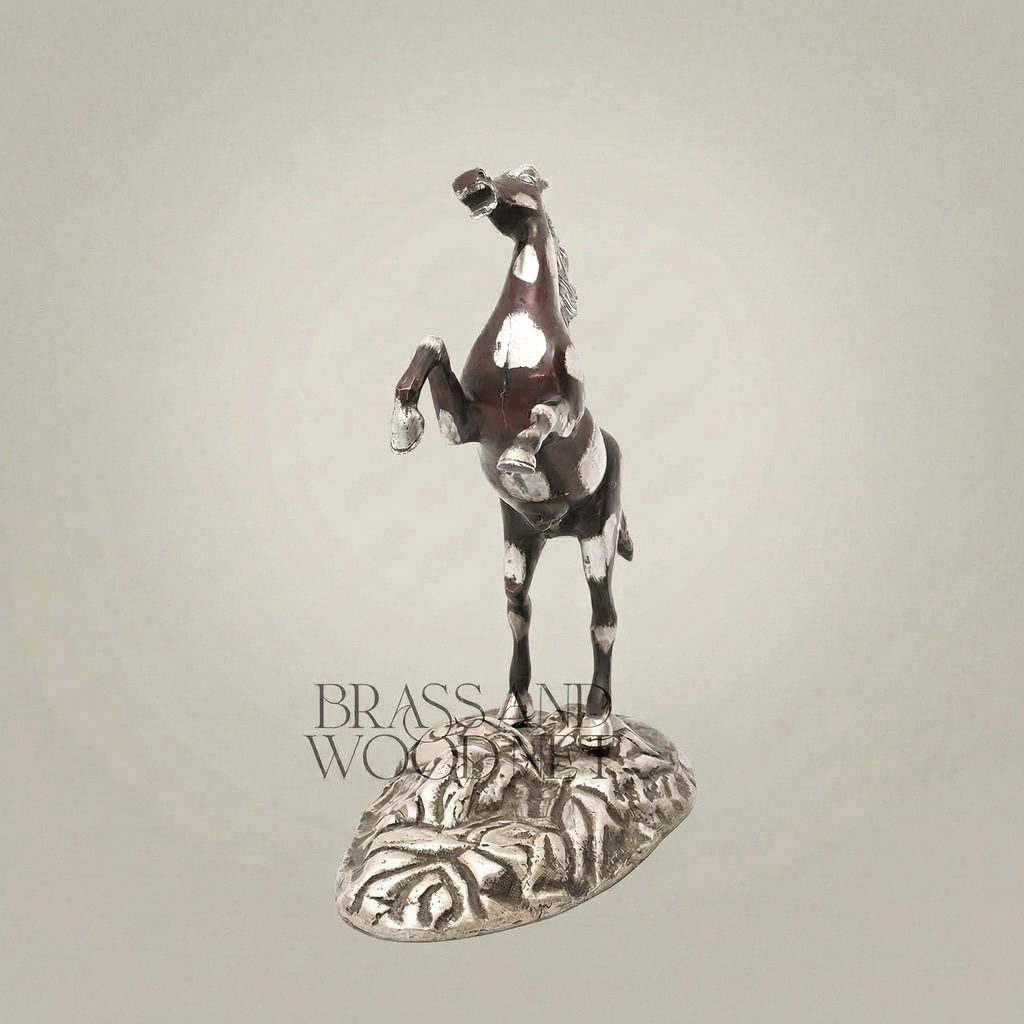 Handcrafted Brass Rearing Horse Sculpture on Ornate Floral Base — Silver