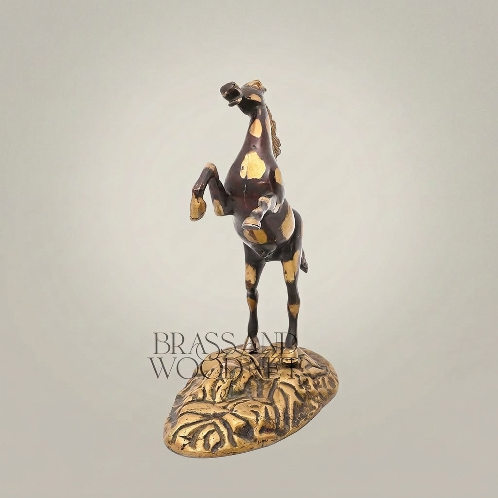 Handcrafted Brass Rearing Horse Sculpture on Ornate Floral Base - Antique Gold