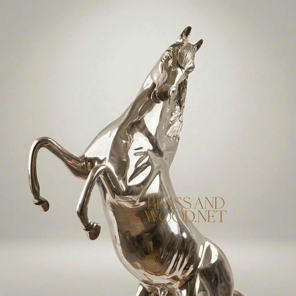 Handcrafted Brass Rearing Horse Sculpture - Polished Equestrian Figurine — Silver