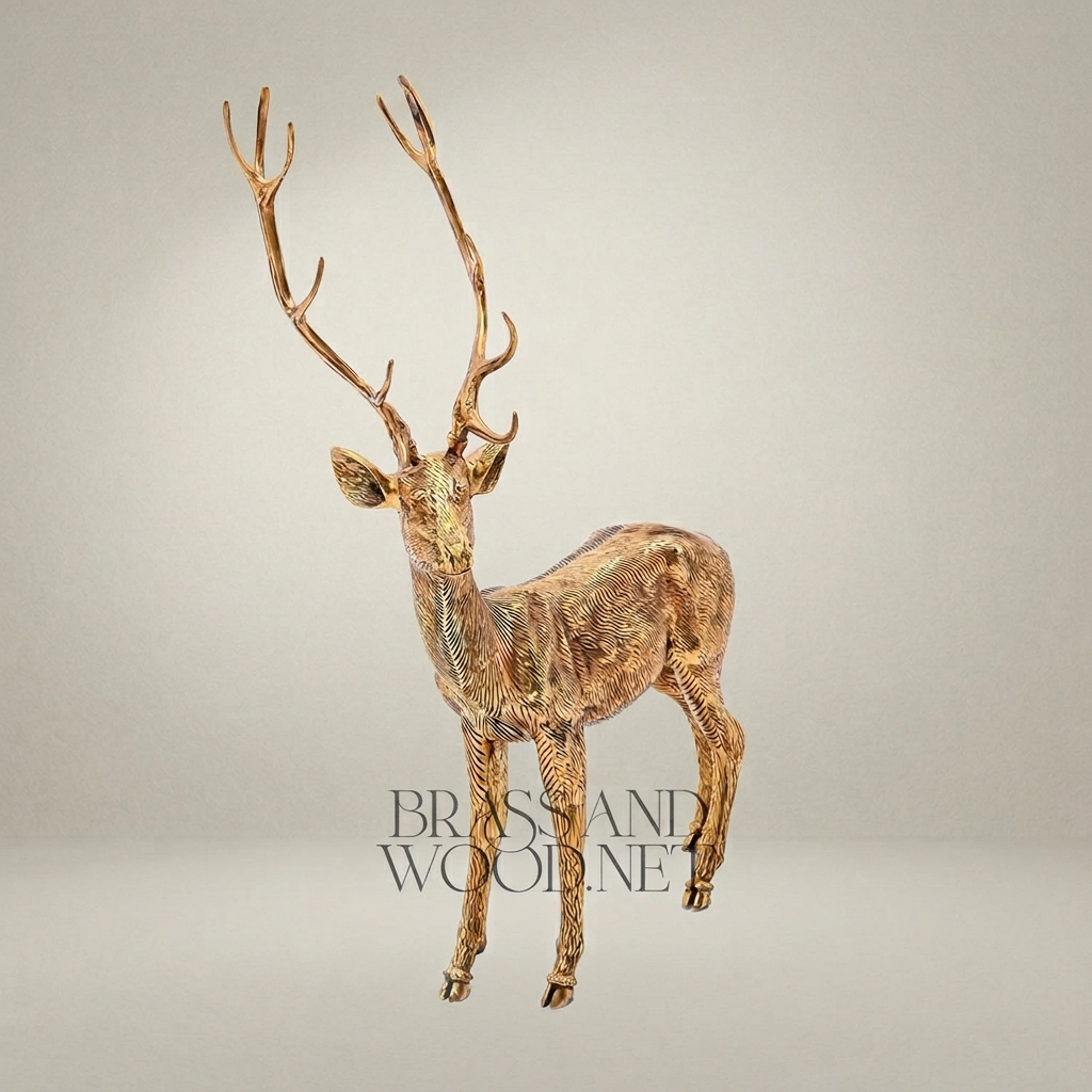 Handcrafted Brass Stag Sculpture - Full-Body Standing Deer with Engraved Fur Texture — Gold