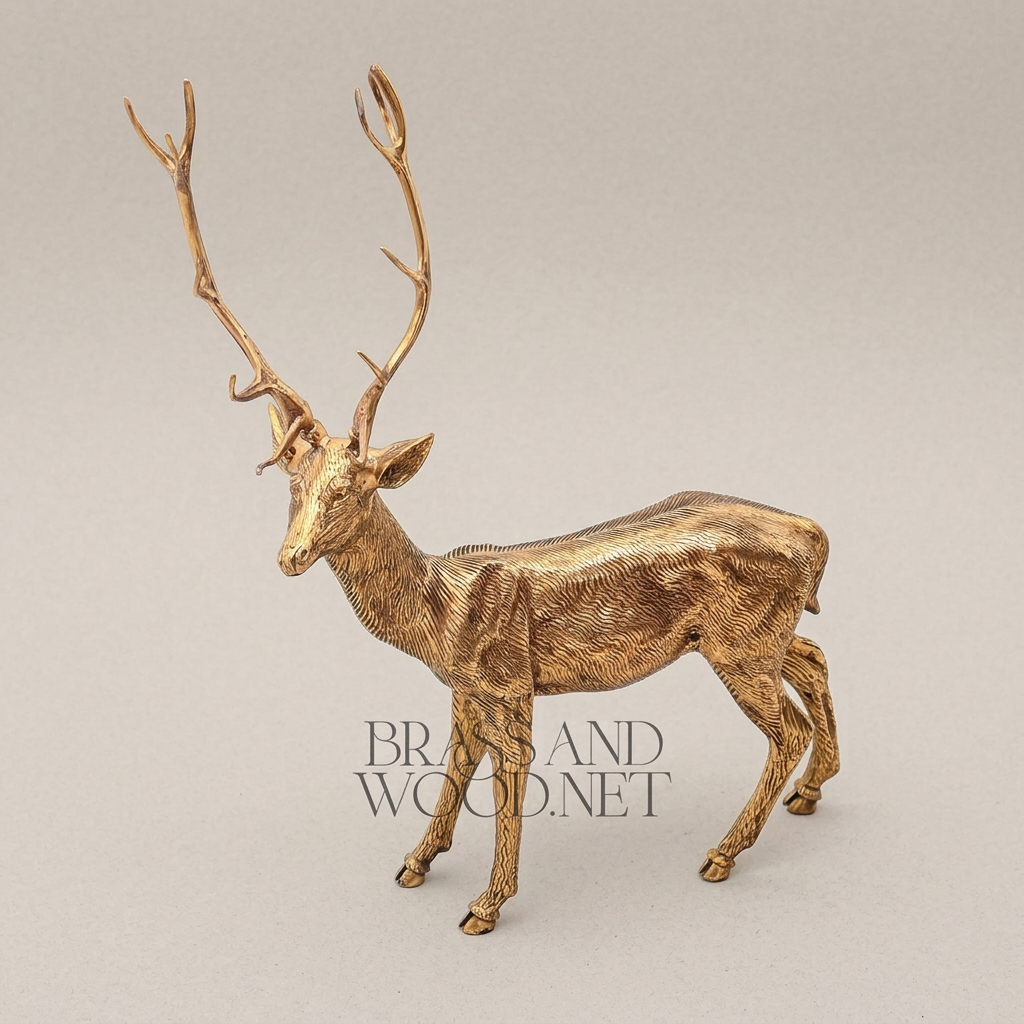 Handcrafted Brass Stag Sculpture - Full-Body Standing Deer with Engraved Fur Texture