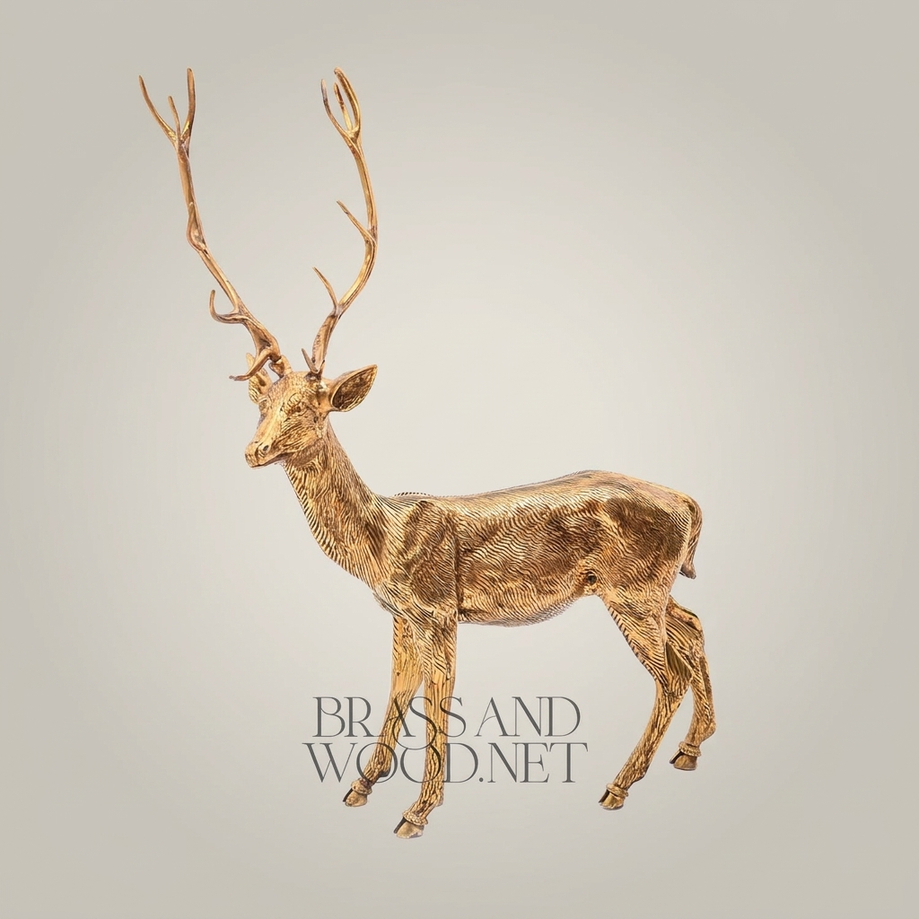 Handcrafted Brass Stag Sculpture - Full-Body Standing Deer with Engraved Fur Texture — Gold