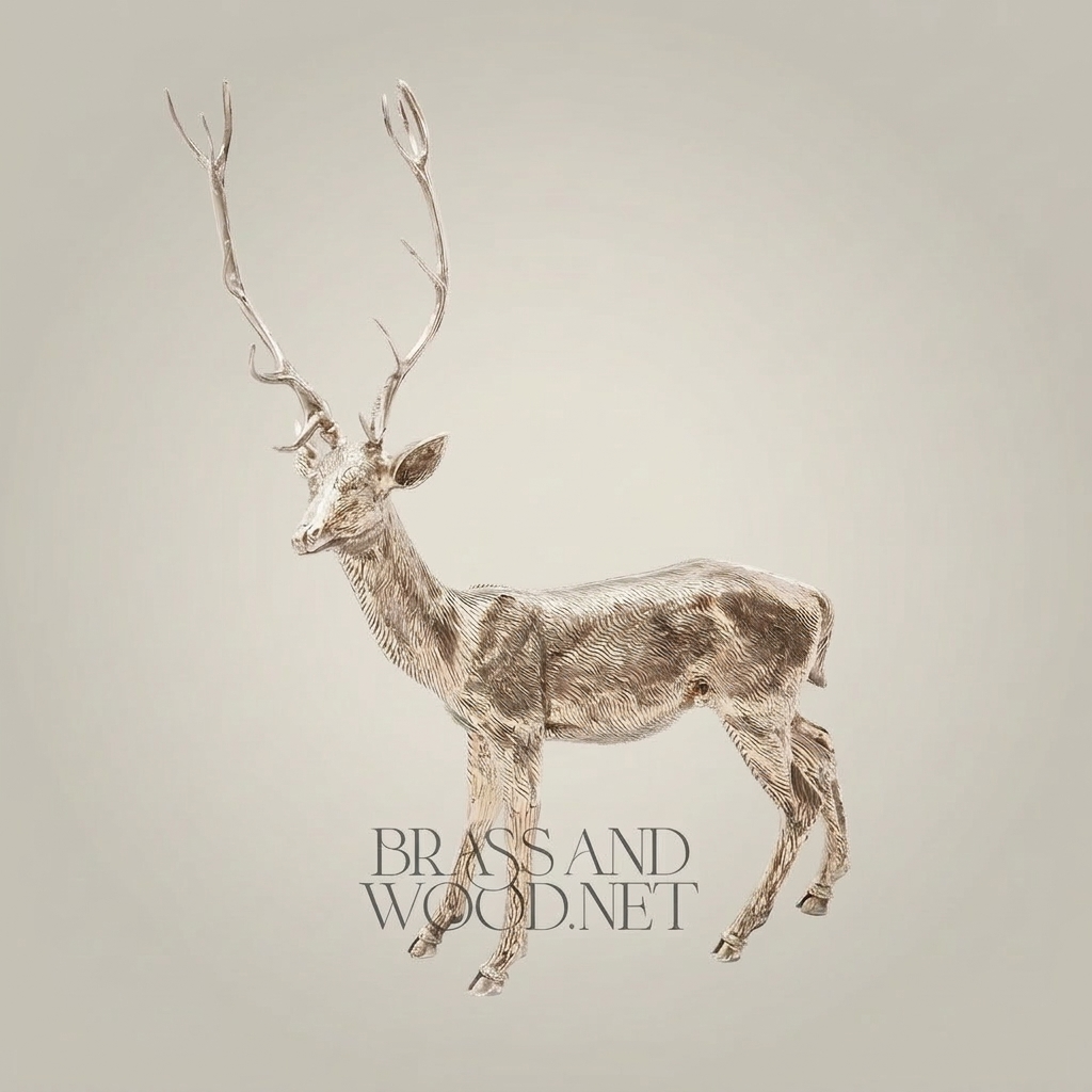 Handcrafted Brass Stag Sculpture - Full-Body Standing Deer with Engraved Fur Texture — Silver