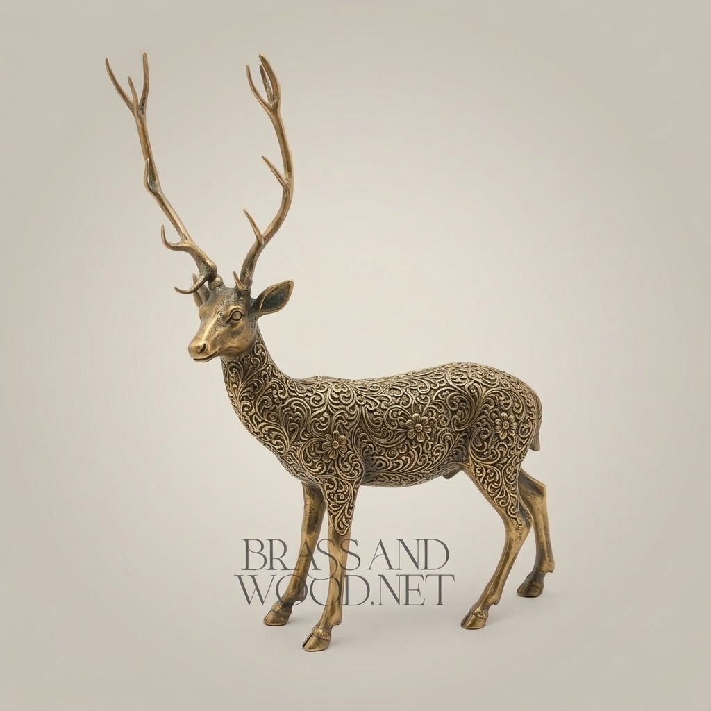 Handcrafted Brass Stag Sculpture - Full-Body Standing Deer with Engraved Fur Texture — Antique Gold
