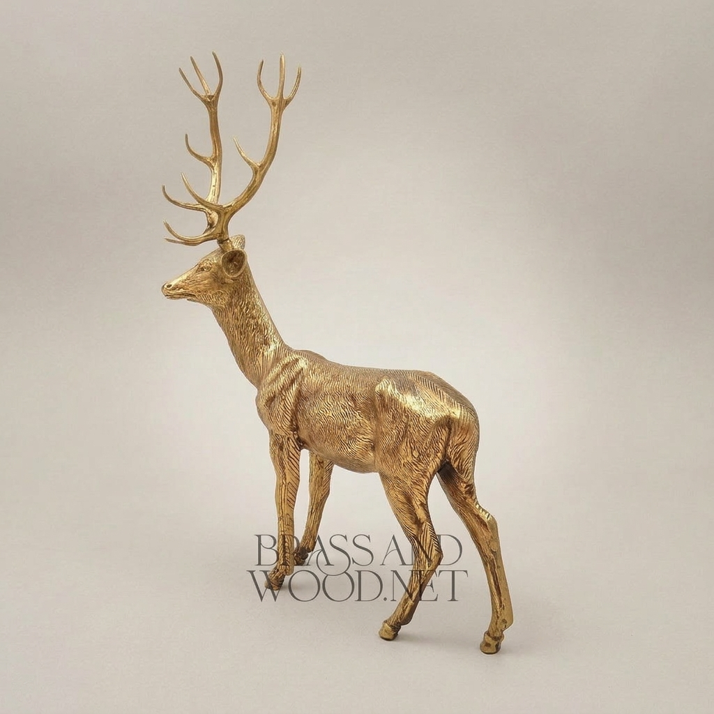 Handcrafted Brass Stag Sculpture - Full-Body Standing Deer with Engraved Fur Texture — Antique Gold