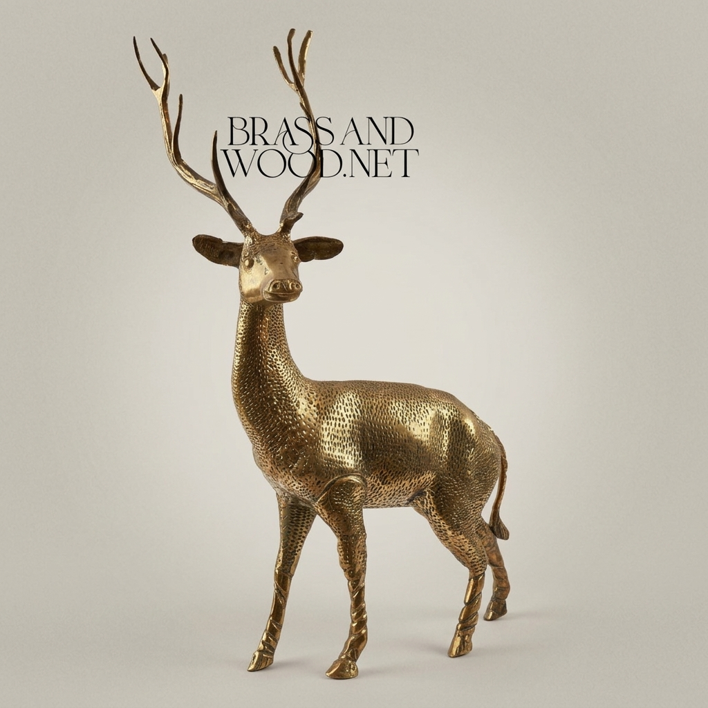 Handcrafted Brass Standing Stag Sculpture - Hammered Texture Full-Body Figurine