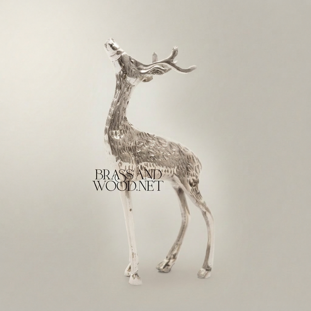 Handcrafted Brass Wildlife Sculpture Set - Deer & Giraffe Figurines — Silver