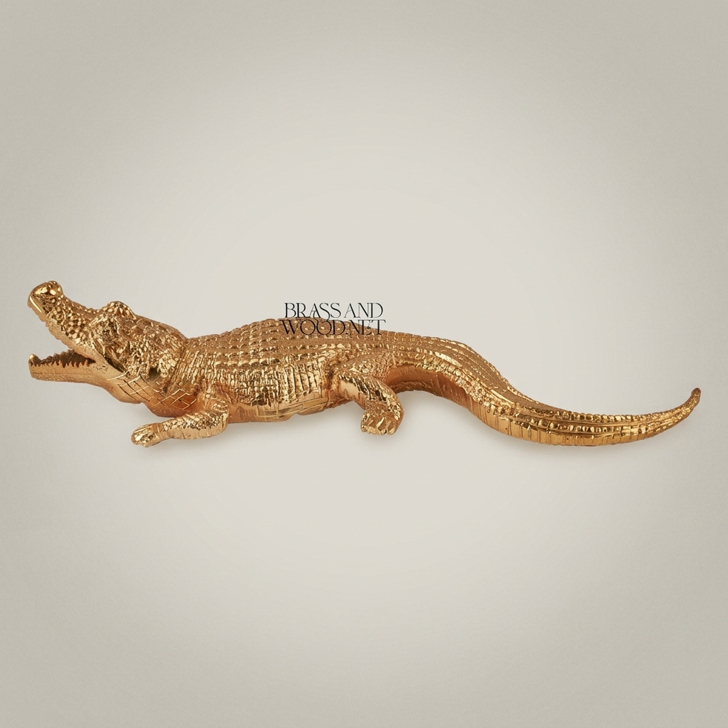 Handcrafted Crocodile Sculpture Decorative Figurine - Full-Body Prowling Pose — Gold