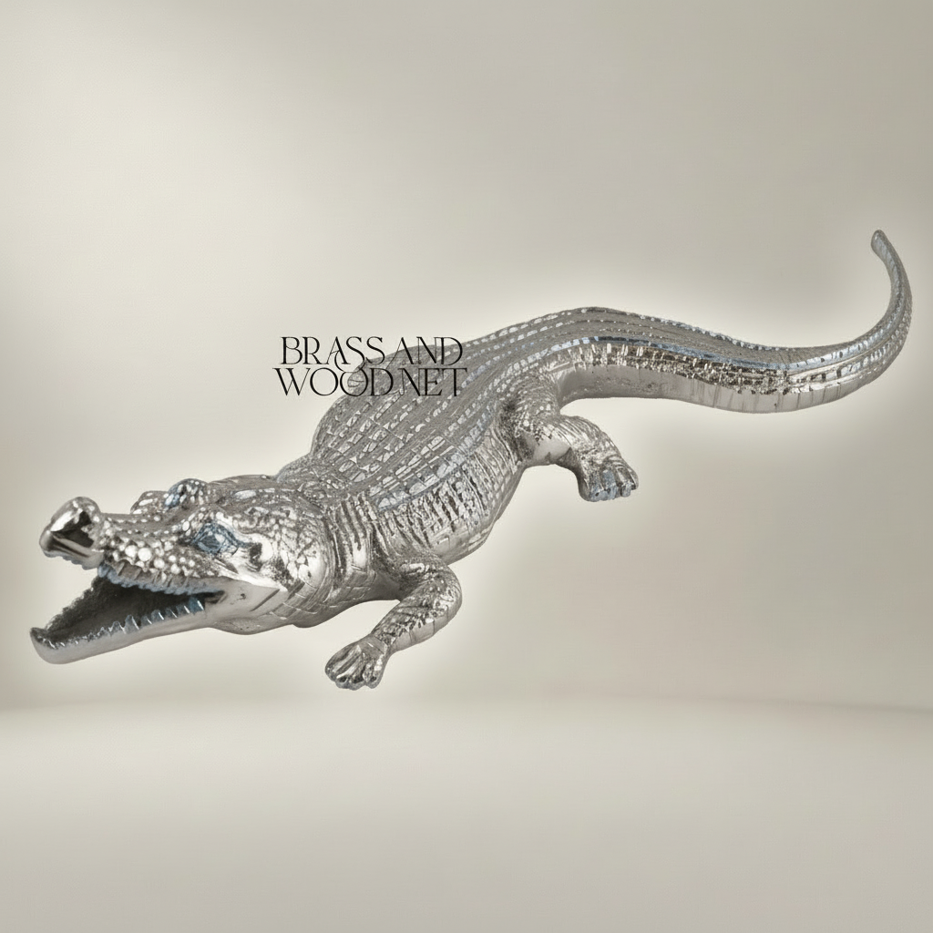 Handcrafted Crocodile Sculpture Decorative Figurine - Full-Body Prowling Pose — Silver