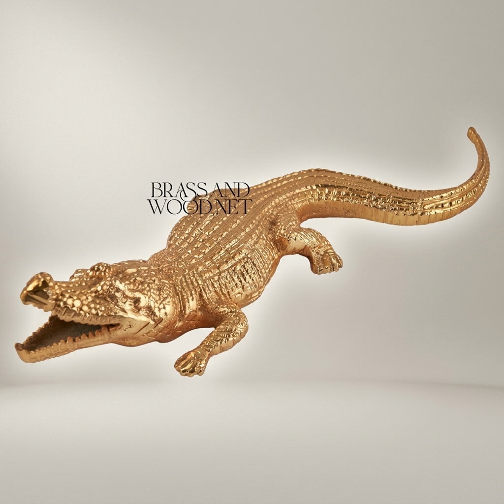 Handcrafted Crocodile Sculpture Decorative Figurine - Full-Body Prowling Pose — Gold