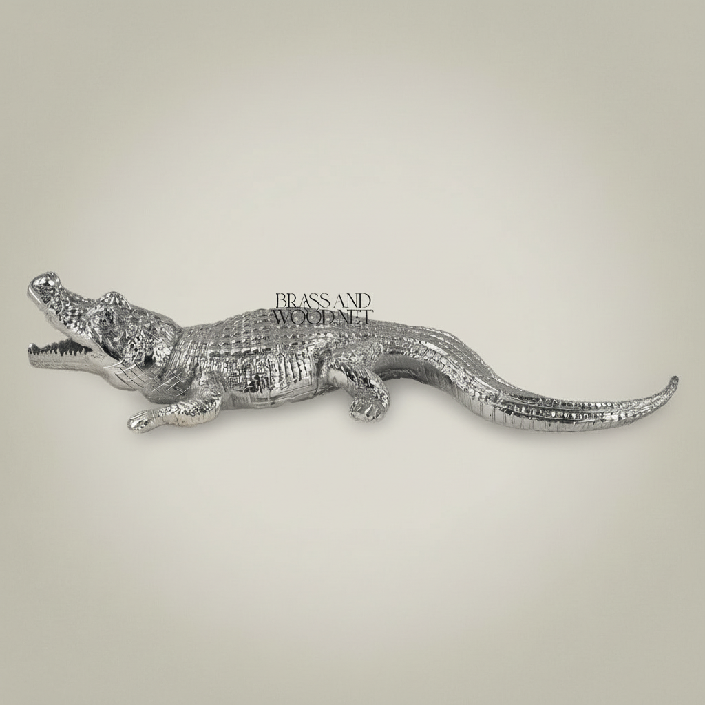 Handcrafted Crocodile Sculpture Decorative Figurine - Full-Body Prowling Pose — Silver