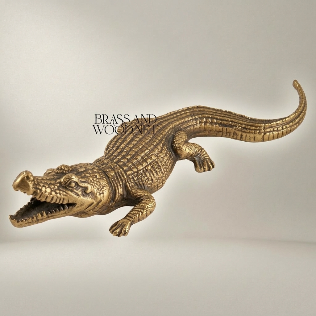 Handcrafted Crocodile Sculpture Decorative Figurine - Full-Body Prowling Pose — Antique Gold