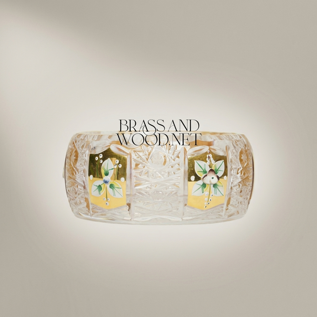 Handcrafted Crystal Ashtray with Metallic Accents and Floral Enamel Panels — Gold