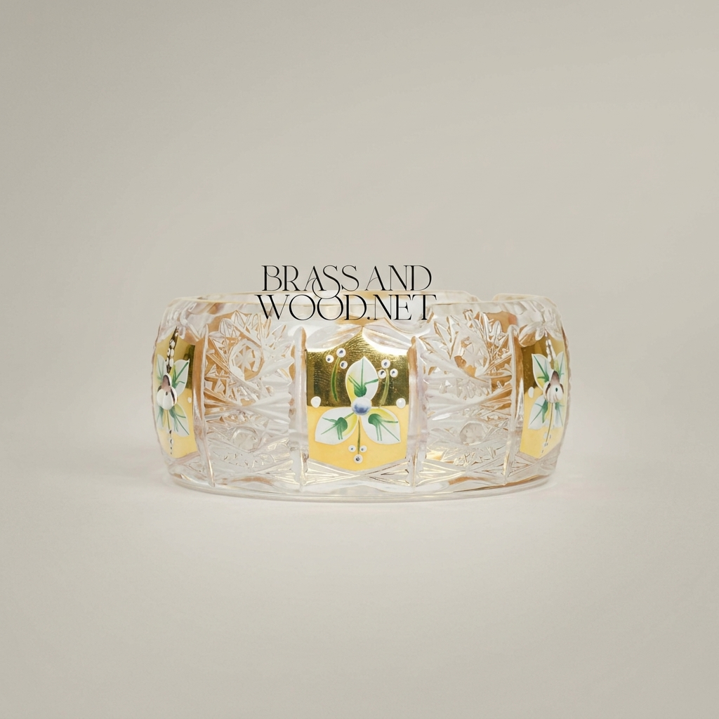Handcrafted Crystal Ashtray with Metallic Accents and Floral Enamel Panels — Gold