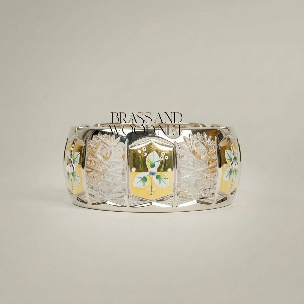 Handcrafted Crystal Ashtray with Metallic Accents and Floral Enamel Panels — Silver
