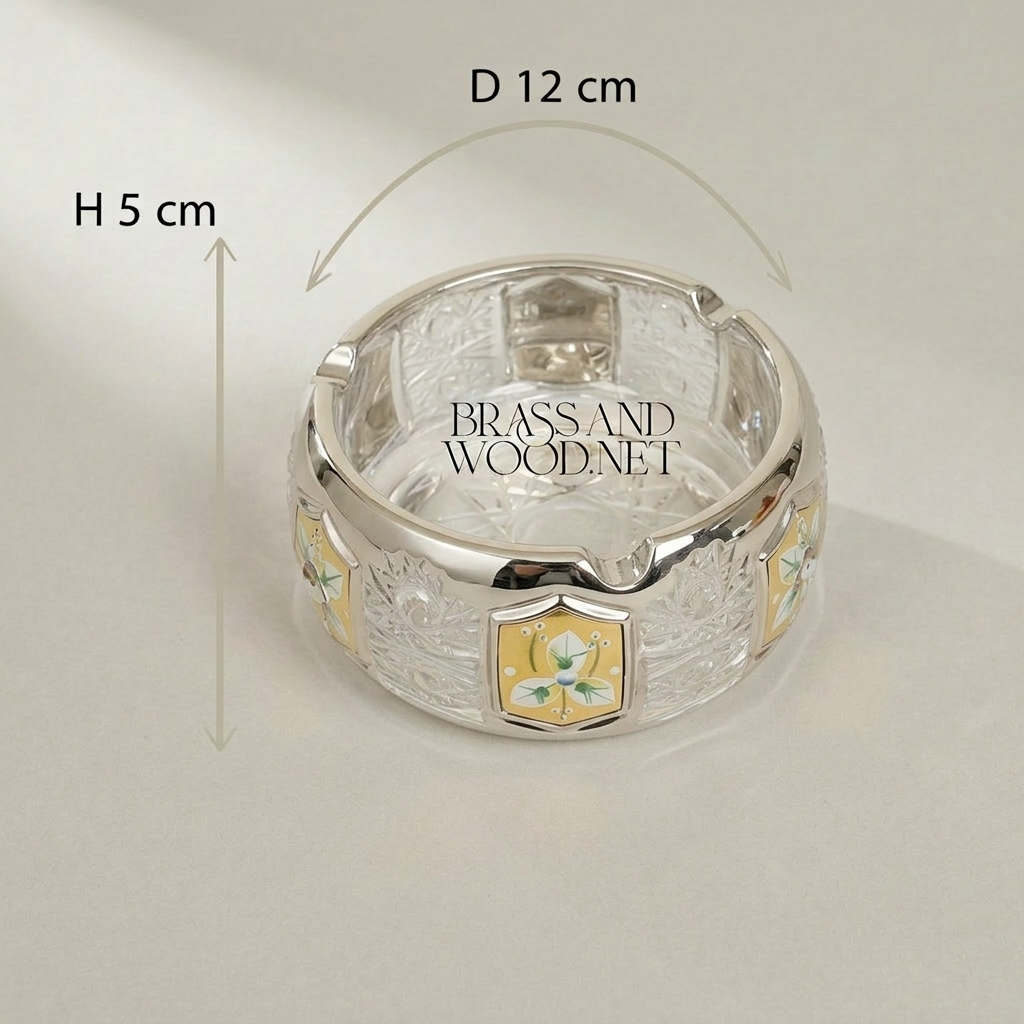 Handcrafted Crystal Ashtray with Metallic Accents and Floral Enamel Panels — Silver