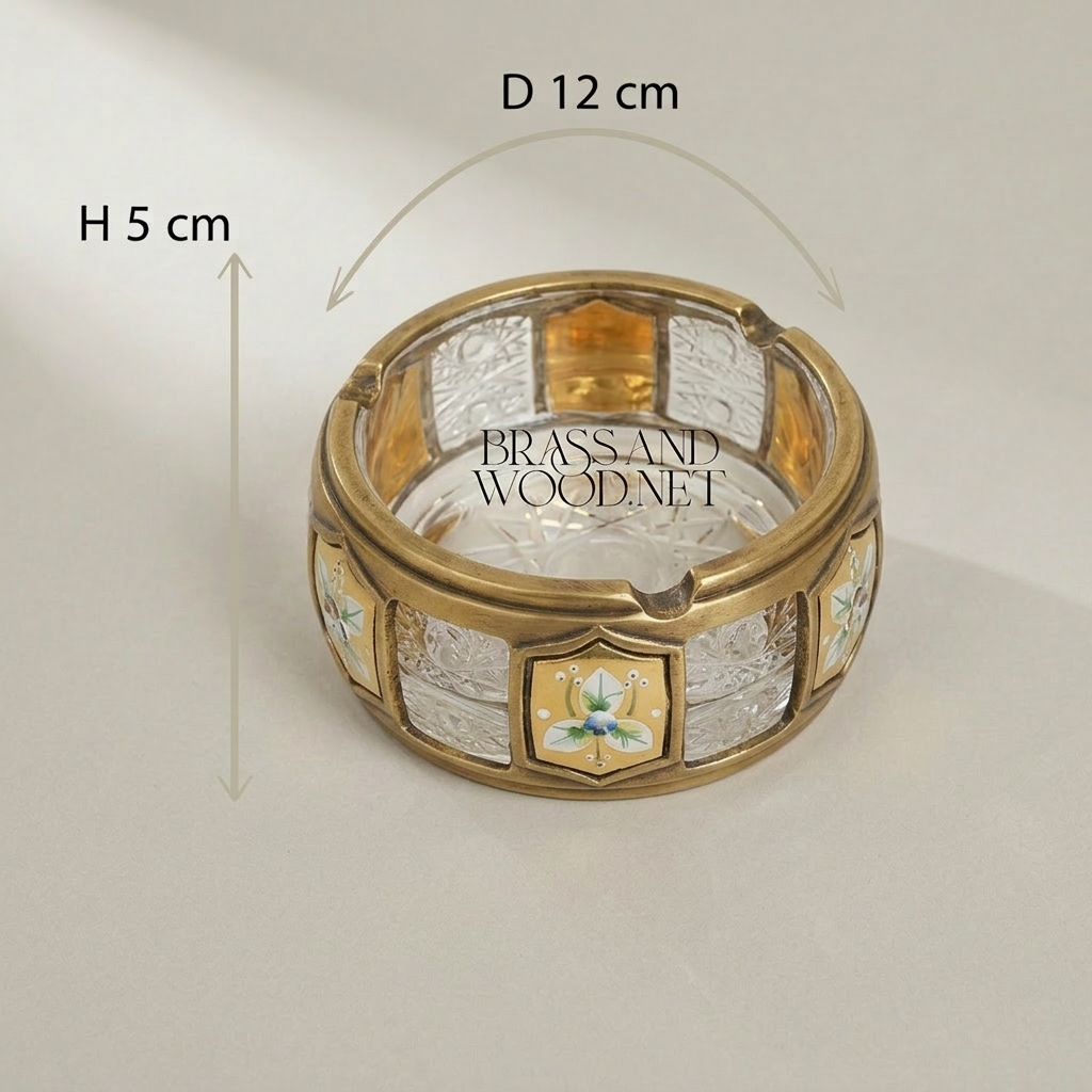 Handcrafted Crystal Ashtray with Metallic Accents and Floral Enamel Panels — Antique Gold
