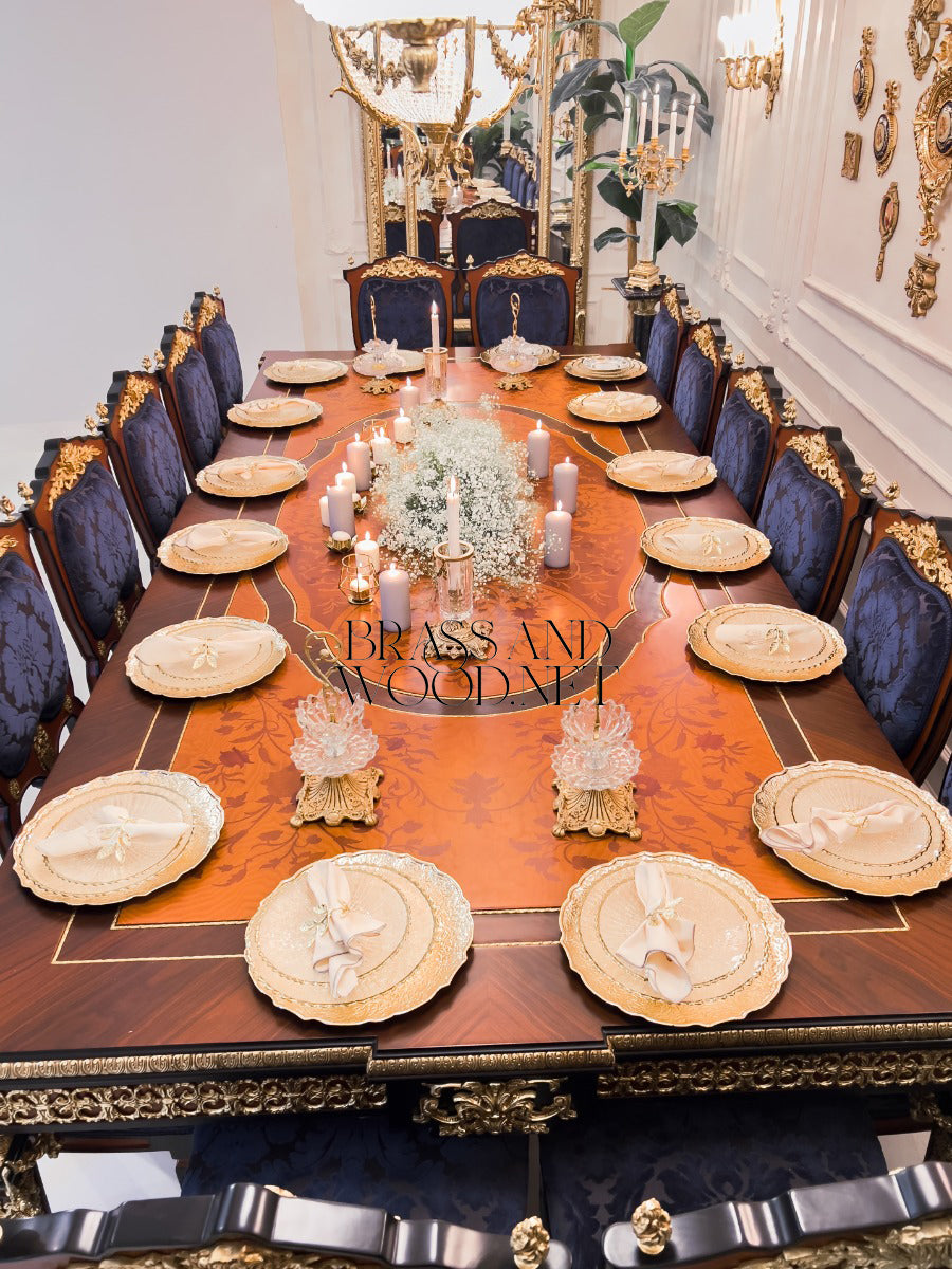 Empire Gilt Dining Suite with Marquetry Buffet & Damask Chairs