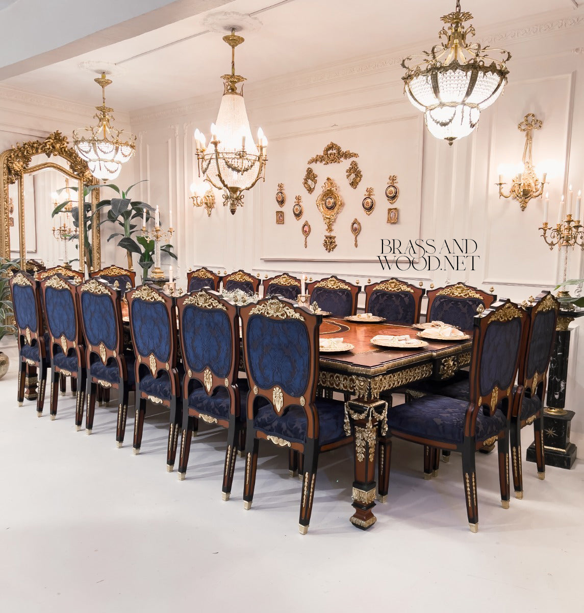 Empire Gilt Dining Suite with Marquetry Buffet & Damask Chairs