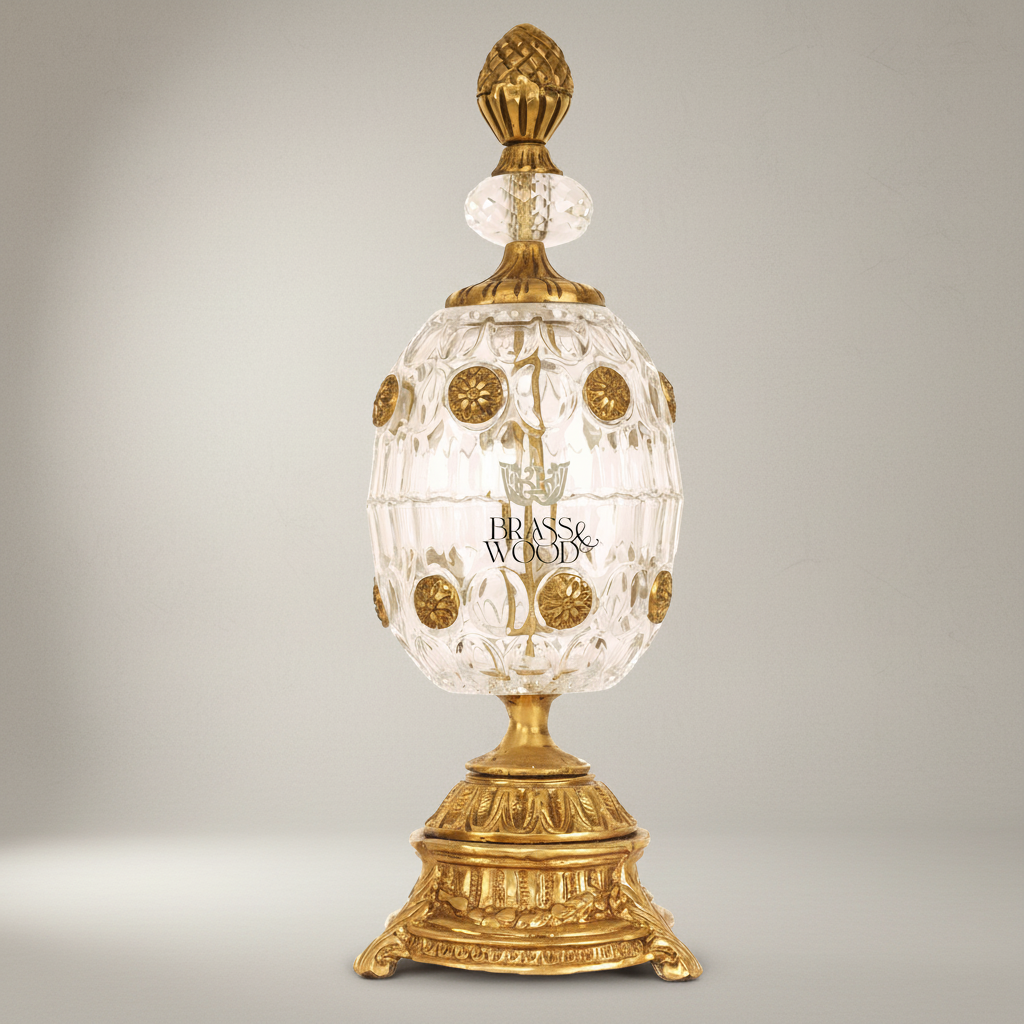 Imperial Egg Crystal & Brass Bonbonniere - Pinecone Finial with Floral Medallions — Antique Gold