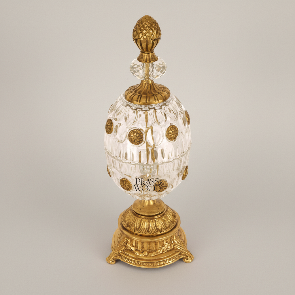 Imperial Egg Crystal & Brass Bonbonniere - Pinecone Finial with Floral Medallions