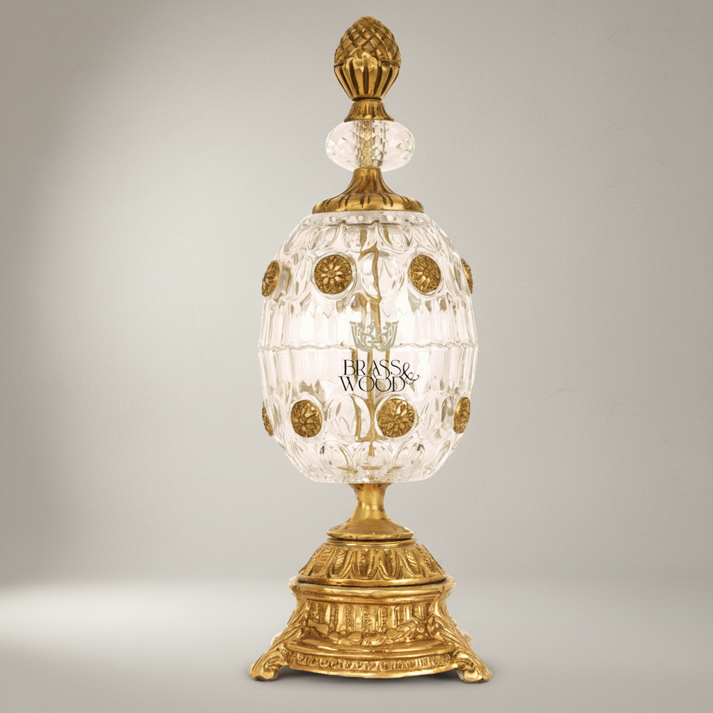 Imperial Egg Crystal & Brass Bonbonniere - Pinecone Finial with Floral Medallions — Gold