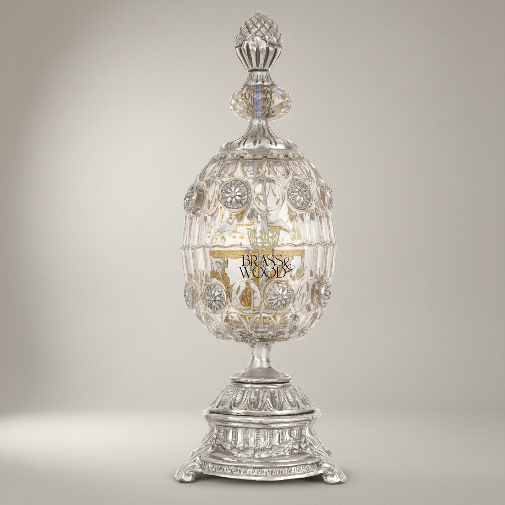 Imperial Egg Crystal & Brass Bonbonniere - Pinecone Finial with Floral Medallions — Silver