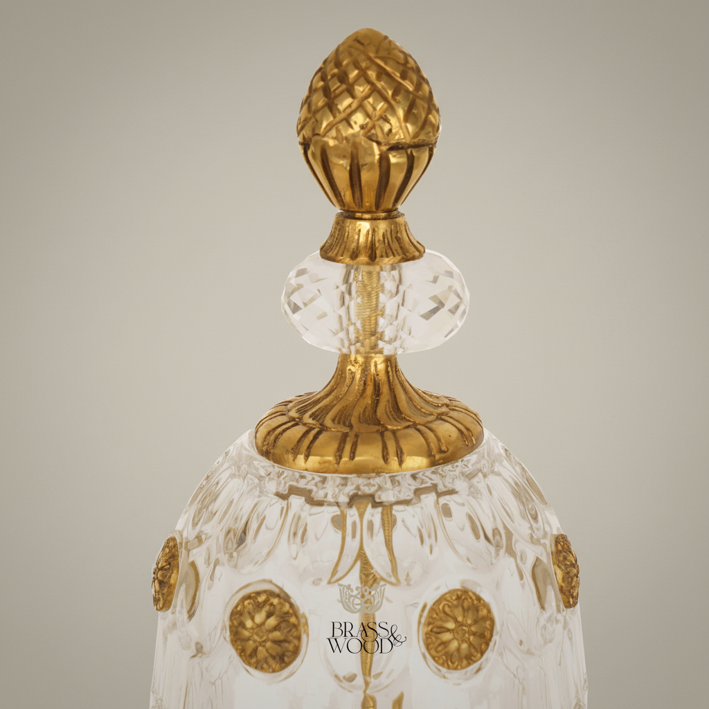 Imperial Egg Crystal & Brass Bonbonniere - Pinecone Finial with Floral Medallions — Antique Gold