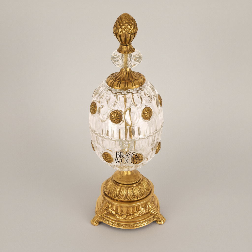 Imperial Egg Crystal & Brass Bonbonniere - Pinecone Finial with Floral Medallions — Gold