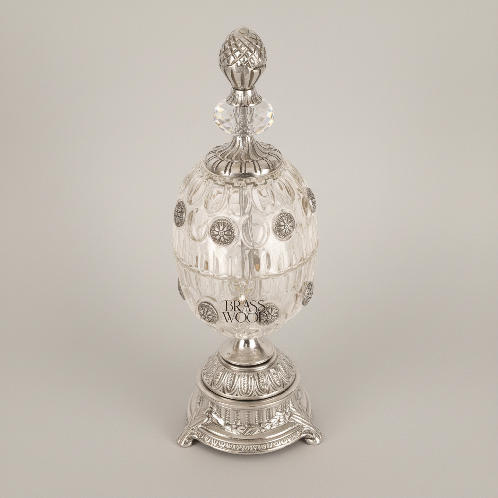 Imperial Egg Crystal & Brass Bonbonniere - Pinecone Finial with Floral Medallions — Silver
