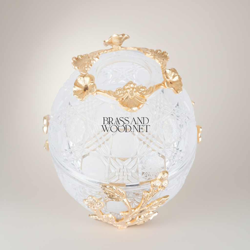 Imperial Fabergé-Inspired Crystal Egg Tissue Box with Botanical Metal Relief — Gold