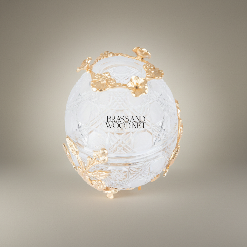 Imperial Fabergé-Inspired Crystal Egg Tissue Box with Botanical Metal Relief — Gold